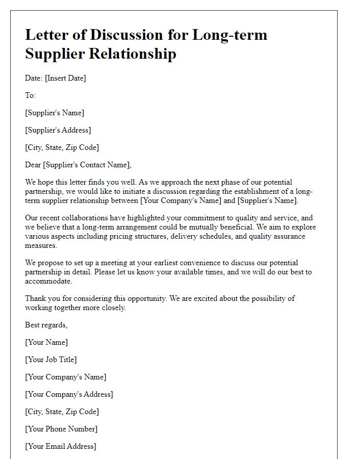 Letter template of discussion for establishing a long-term supplier relationship.