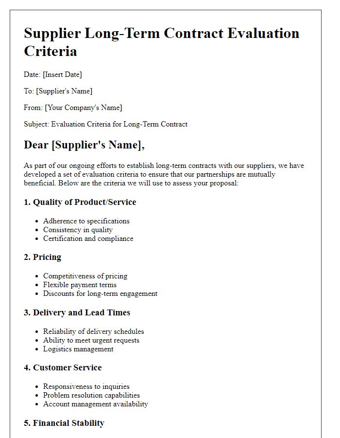 Letter template of evaluation criteria for supplier long-term contracts.