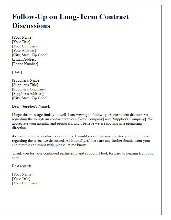 Letter template of follow-up on long-term contract discussions with suppliers.