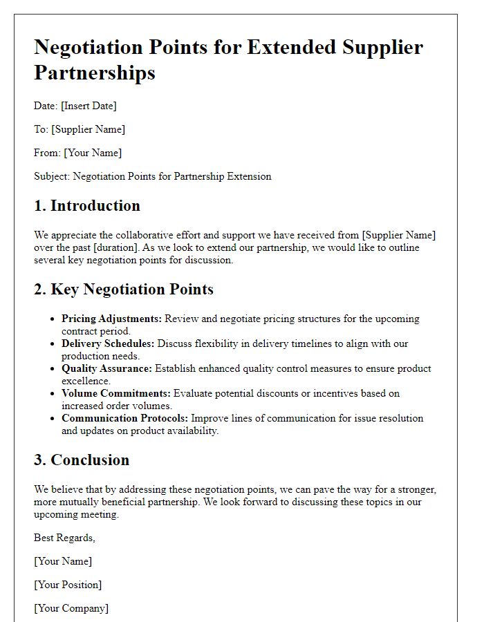 Letter template of negotiation points for extended supplier partnerships.