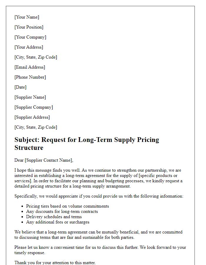 Letter template of request for long-term supply pricing structure.