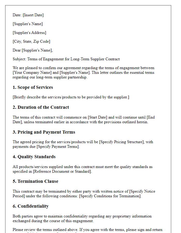 Letter template of terms of engagement for long-term supplier contracts.