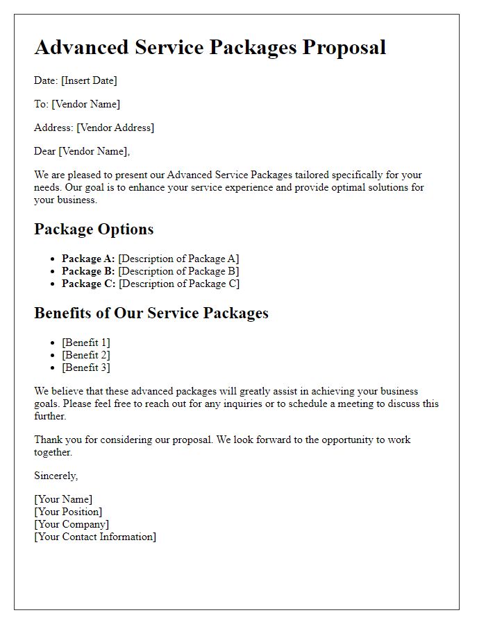 Letter template of advanced service packages for vendors