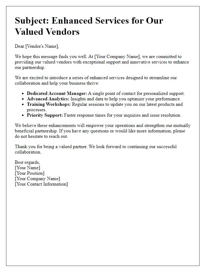 Letter template of enhanced services for valued vendors