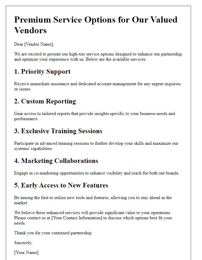 Letter template of high-tier service options for vendors