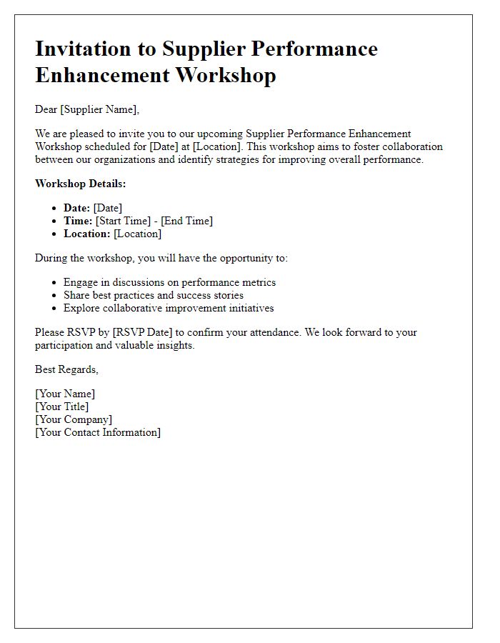 Letter template of supplier performance enhancement workshop invitation