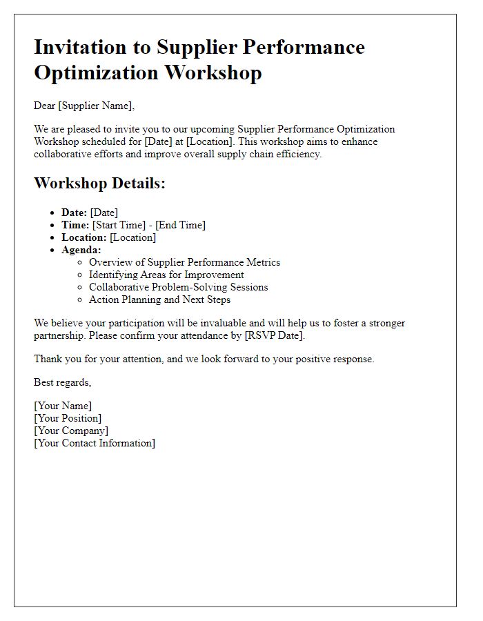 Letter template of supplier performance optimization workshop