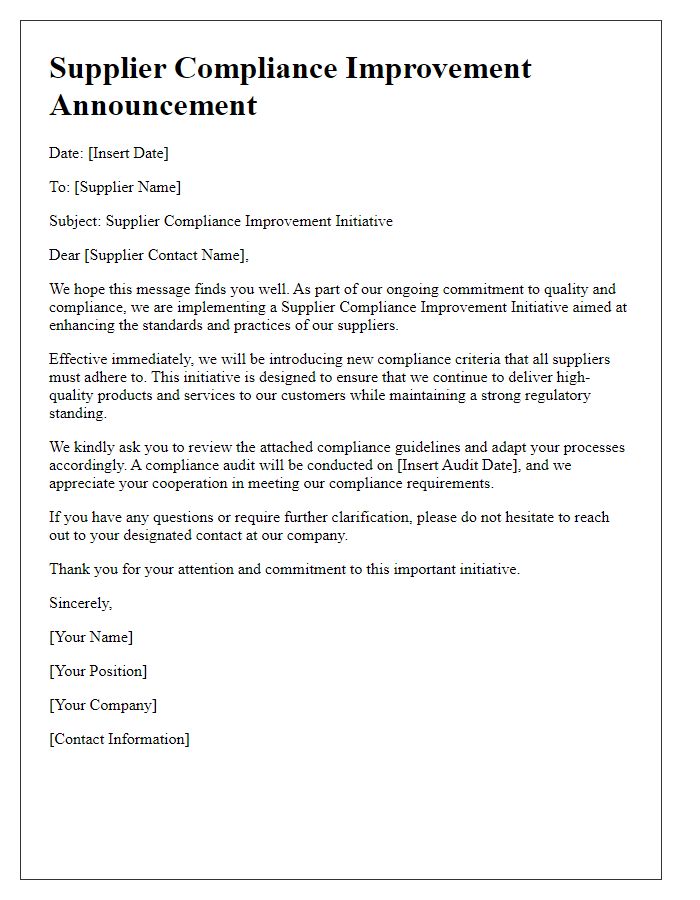 Letter template of Supplier Compliance Improvement Announcement