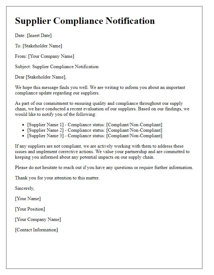 Letter template of Supplier Compliance Notification for Stakeholders