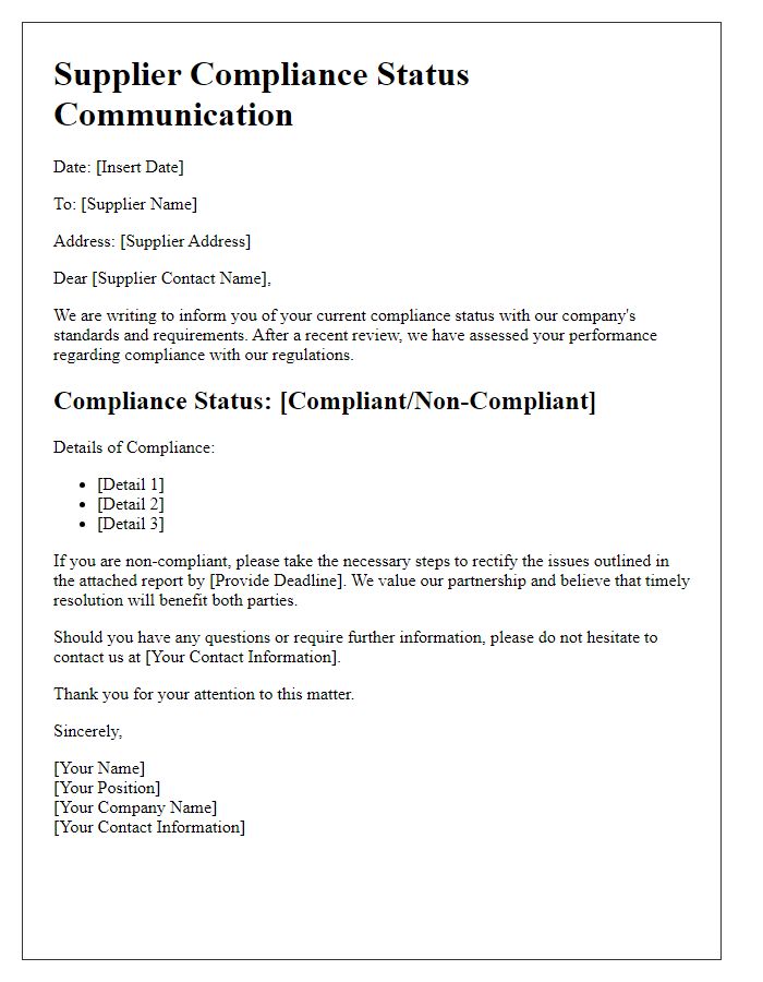 Letter template of Supplier Compliance Status Communication