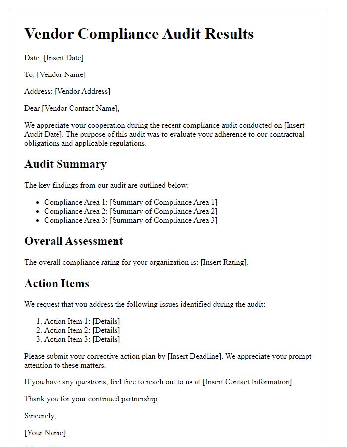 Letter template of Vendor Compliance Audit Results