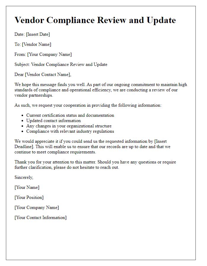 Letter template of Vendor Compliance Review and Update