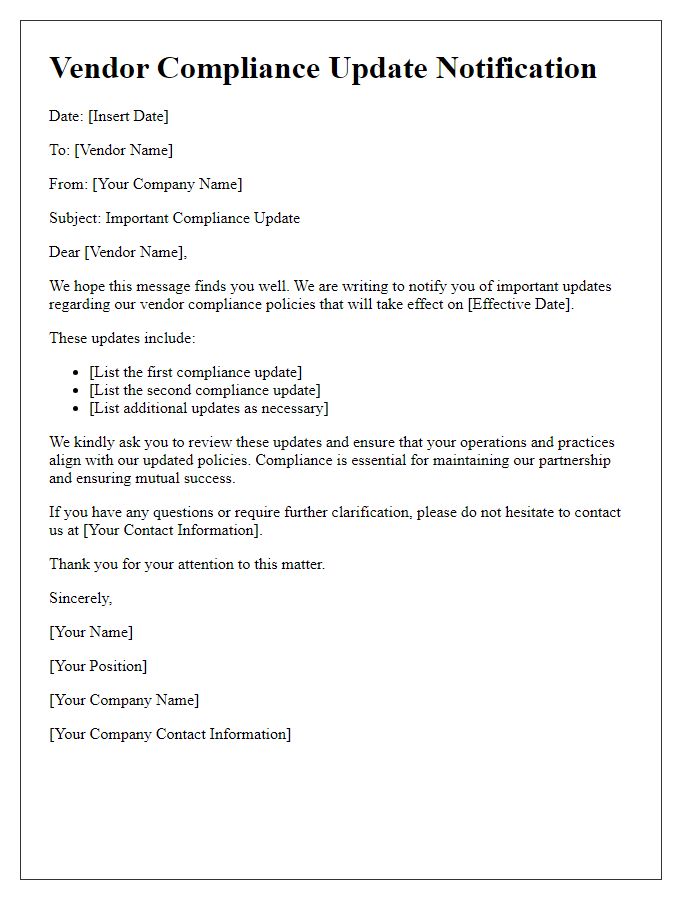 Letter template of Vendor Compliance Update Notification