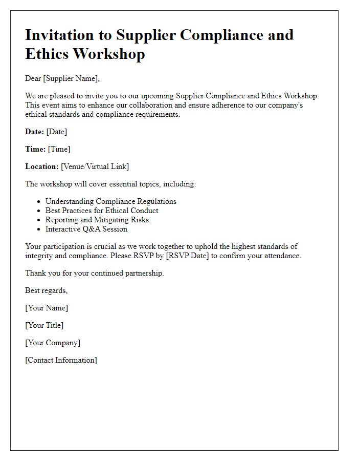 Letter template of Supplier Compliance and Ethics Workshop