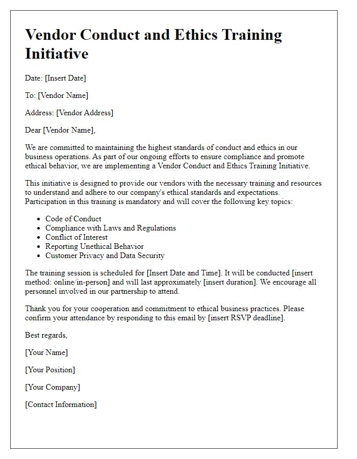 Letter template of Vendor Conduct and Ethics Training Initiative