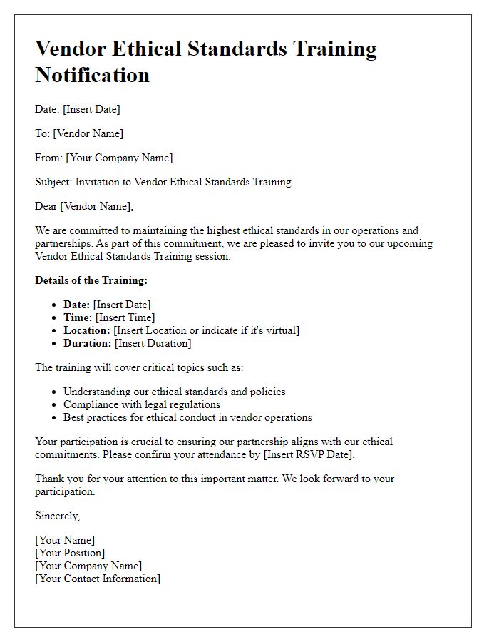 Letter template of Vendor Ethical Standards Training