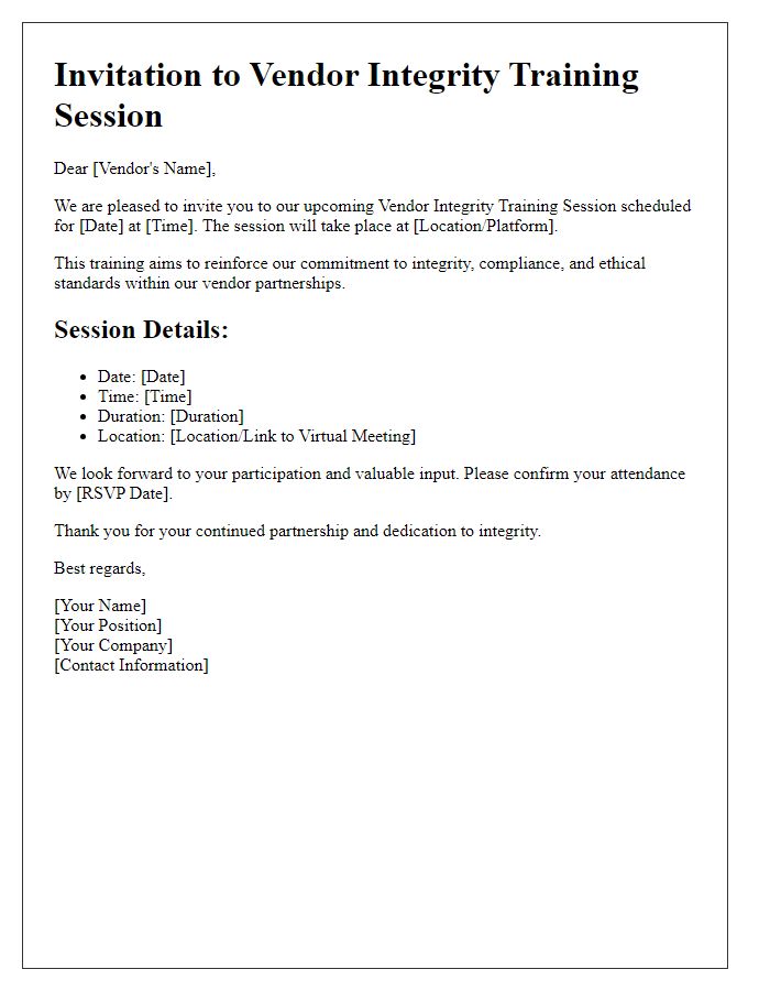 Letter template of Vendor Integrity Training Session