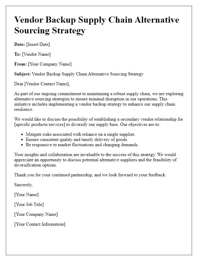 Letter template of vendor backup supply chain alternative sourcing strategy