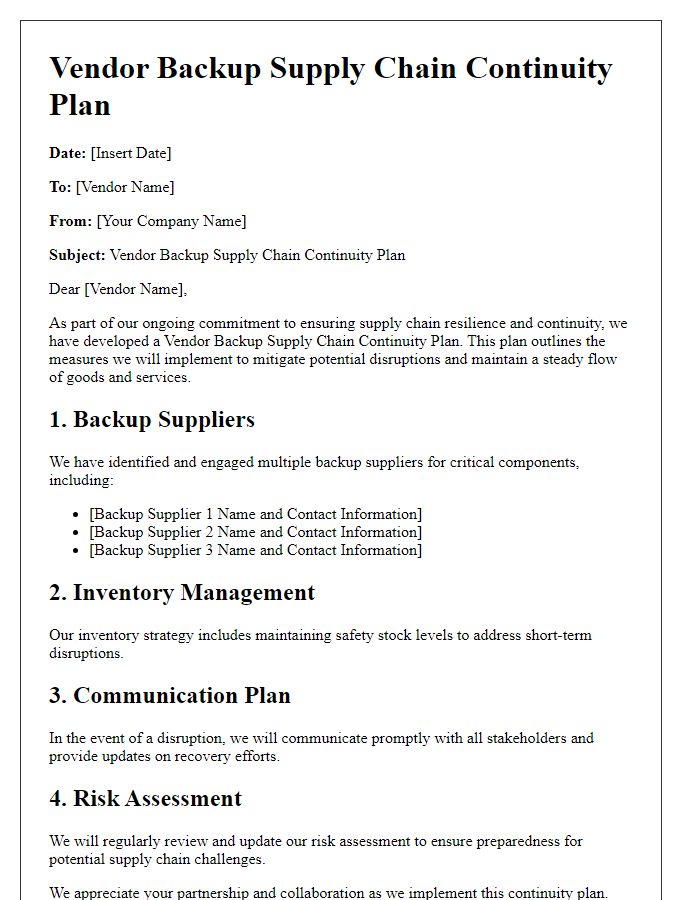 Letter template of vendor backup supply chain continuity plan