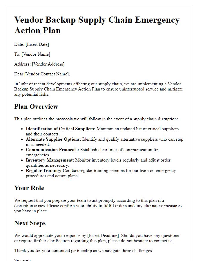 Letter template of vendor backup supply chain emergency action plan