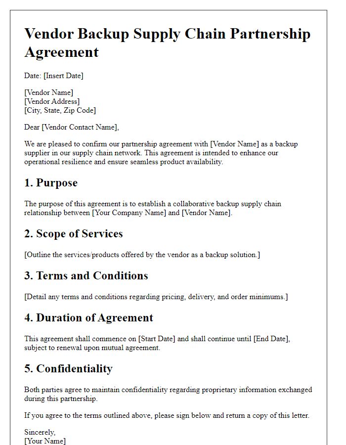 Letter template of vendor backup supply chain partnership agreement