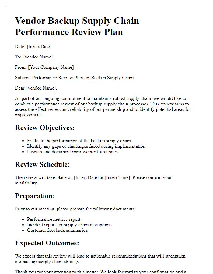 Letter template of vendor backup supply chain performance review plan