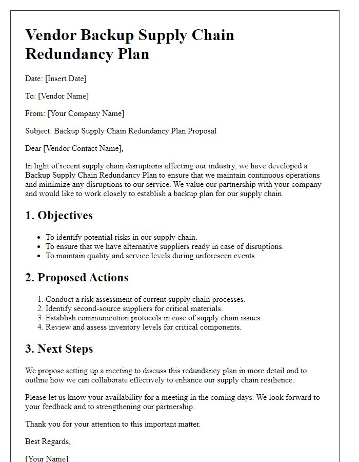 Letter template of vendor backup supply chain redundancy plan