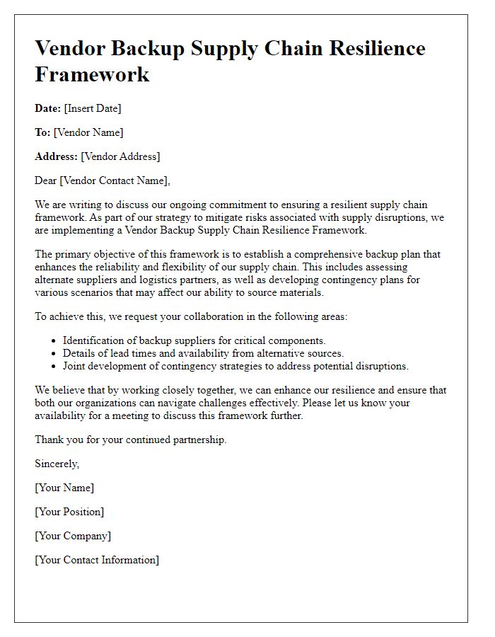 Letter template of vendor backup supply chain resilience framework
