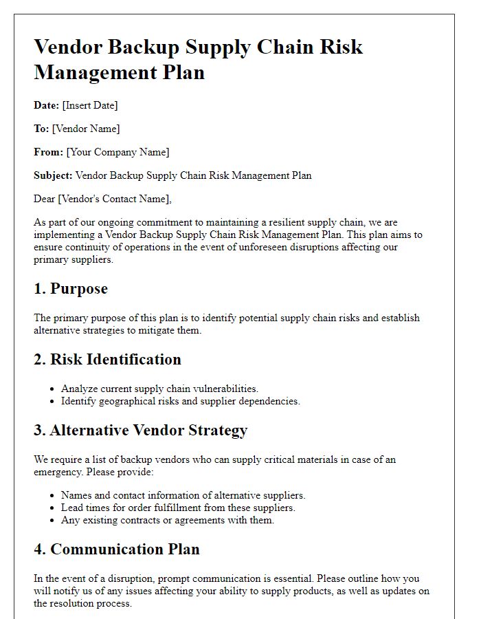 Letter template of vendor backup supply chain risk management plan