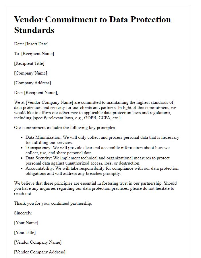 Letter template of vendor commitment to data protection standards