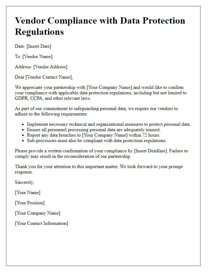 Letter template of vendor compliance with data protection regulations