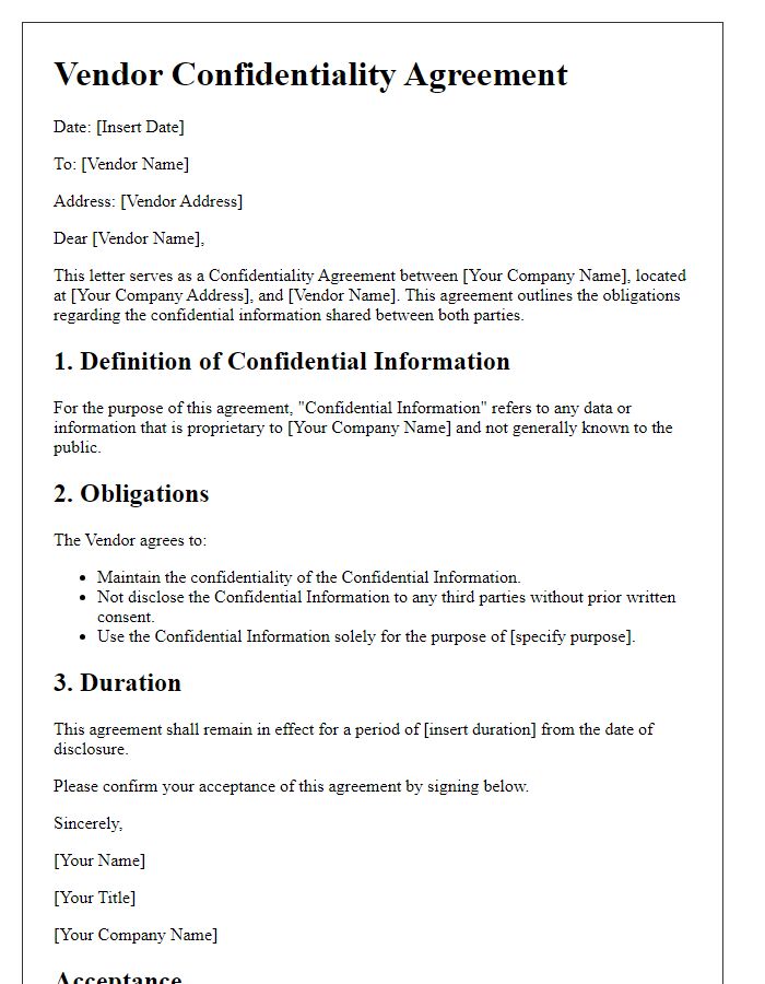 Letter template of vendor confidentiality agreements