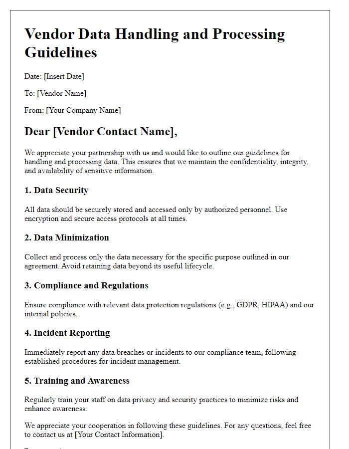 Letter template of vendor data handling and processing guidelines