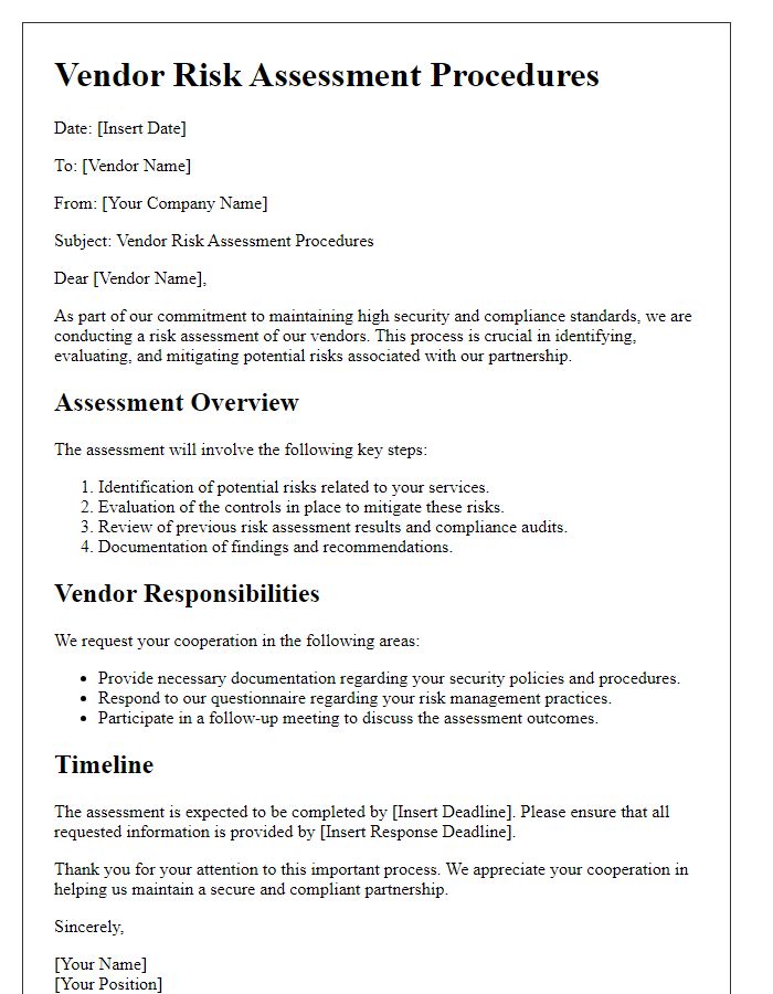 Letter template of vendor risk assessment procedures