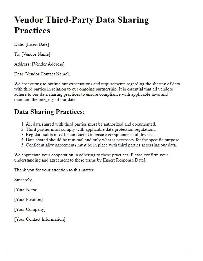 Letter template of vendor third-party data sharing practices