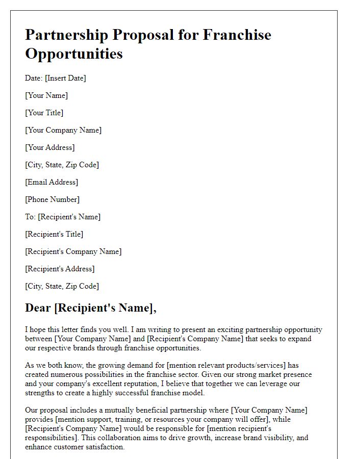 Letter template of partnership proposal for franchise opportunities.