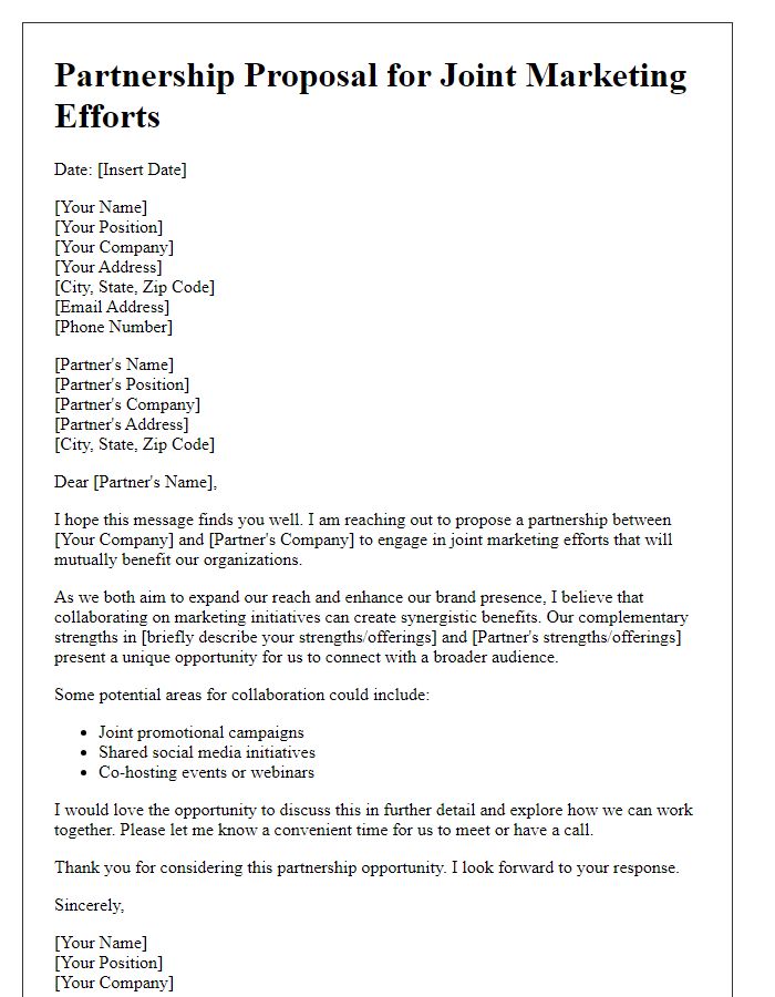 Letter template of partnership proposal for joint marketing efforts.