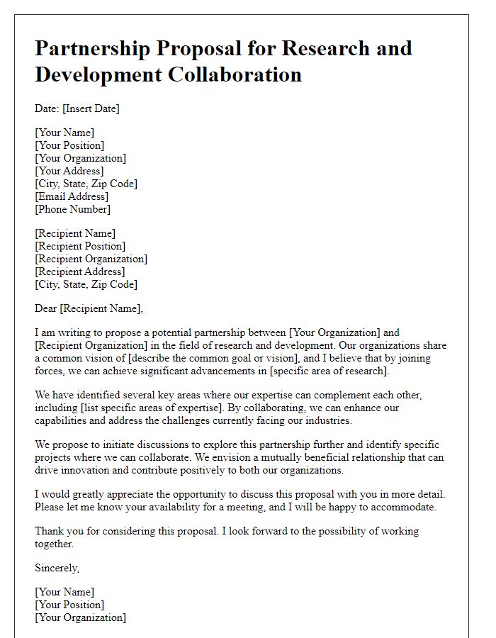 Letter template of partnership proposal for research and development collaboration.