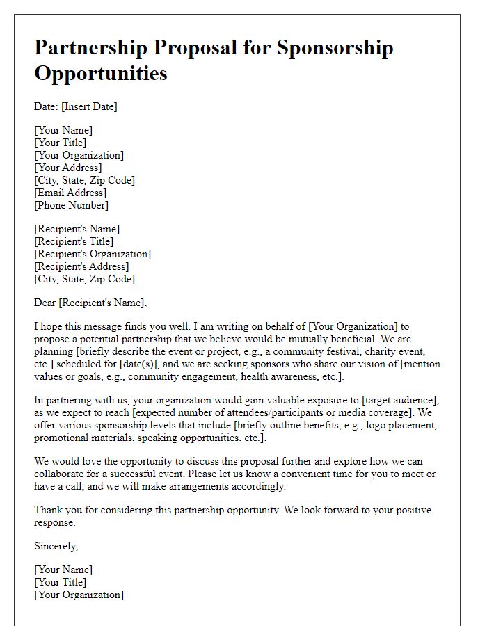 Letter template of partnership proposal for sponsorship opportunities.