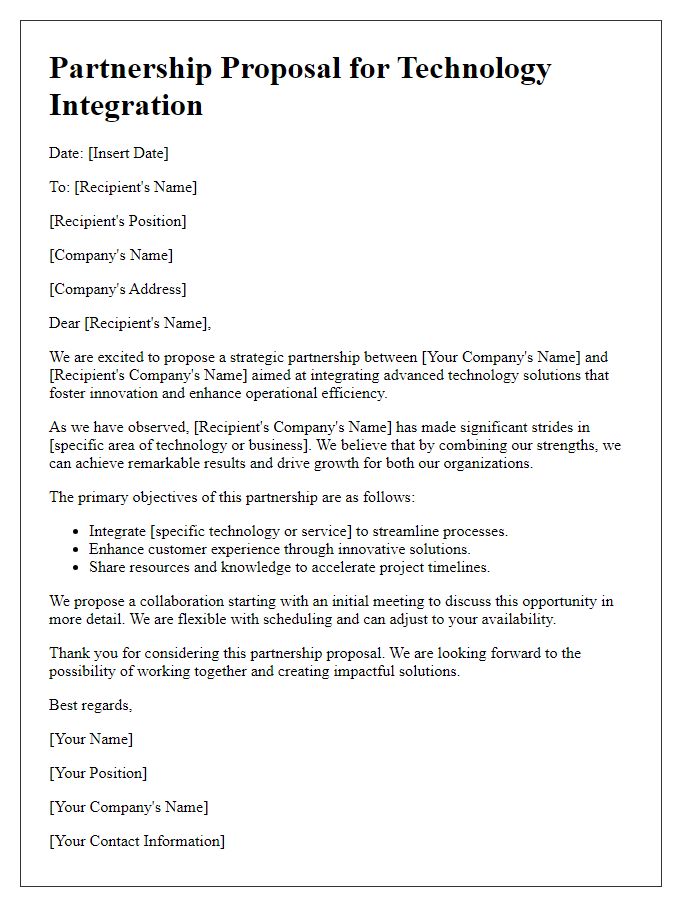 Letter template of partnership proposal for technology integration.