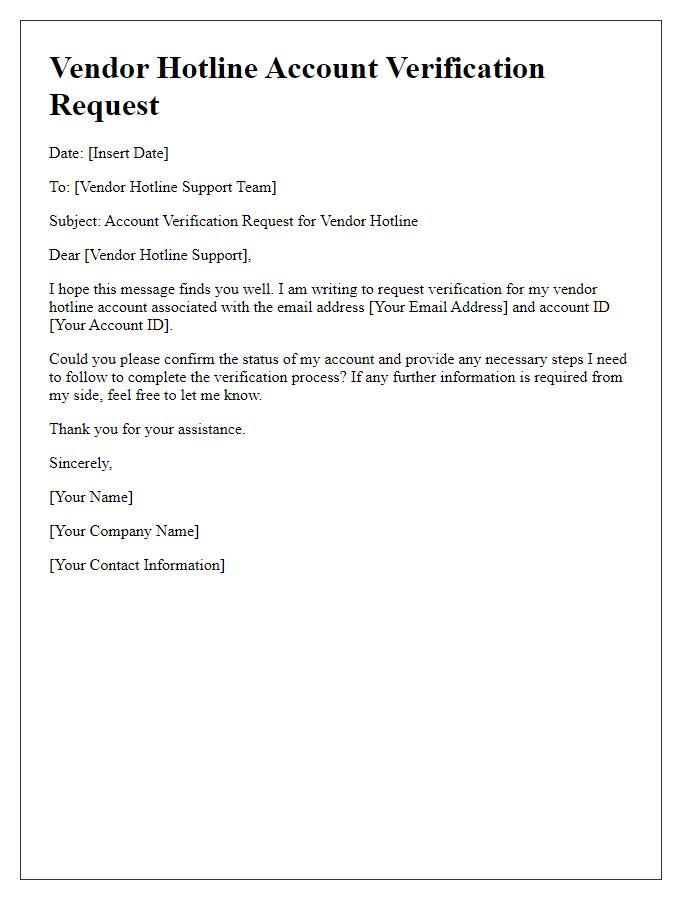 Letter template of vendor hotline account verification request