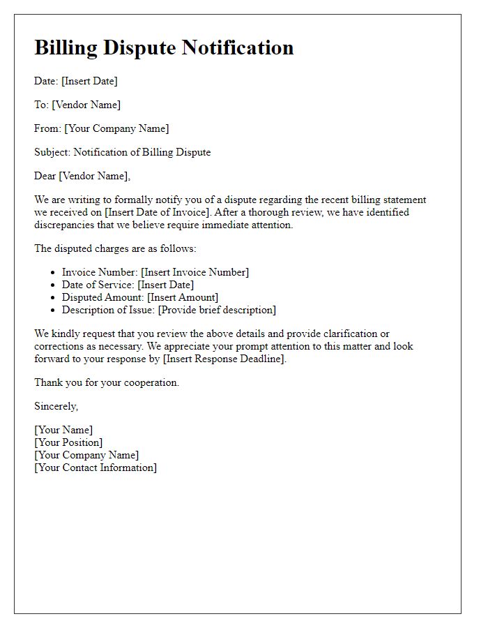 Letter template of vendor hotline billing dispute notification