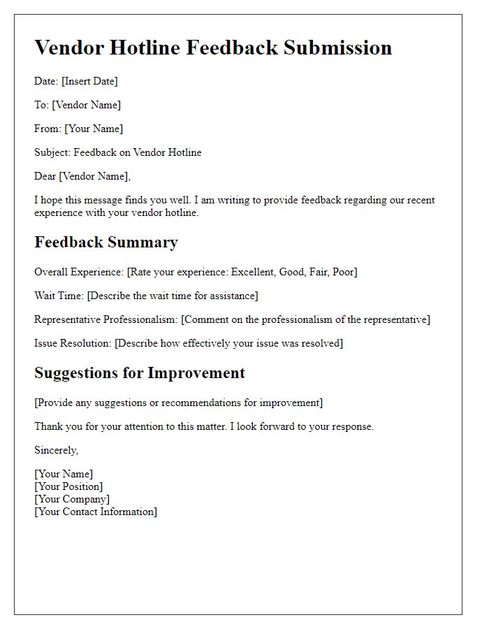 Letter template of vendor hotline feedback submission