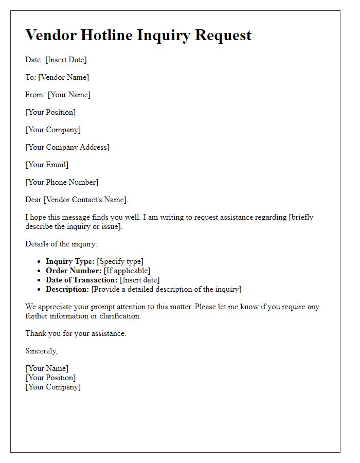 Letter template of vendor hotline inquiry request
