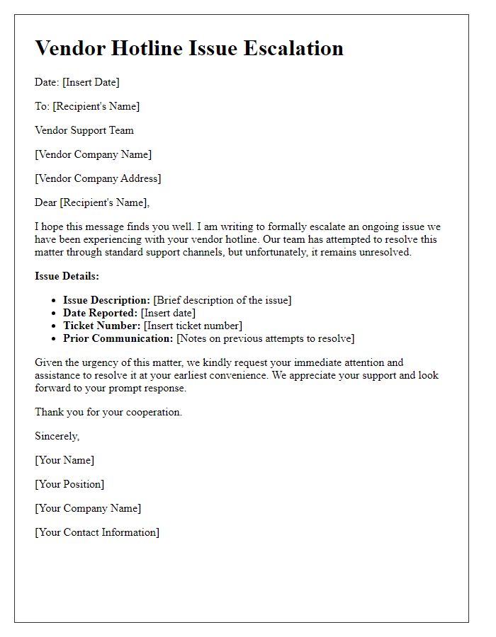 Letter template of vendor hotline issue escalation