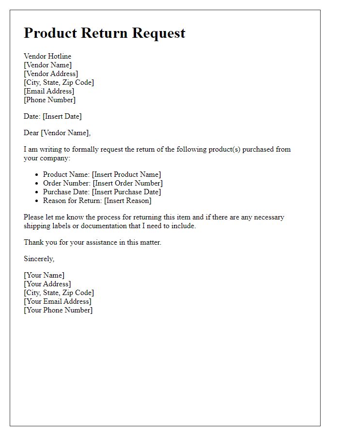 Letter template of vendor hotline product return request