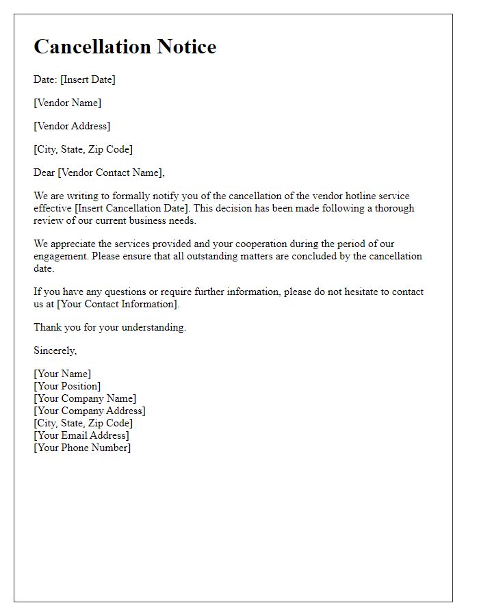 Letter template of vendor hotline service cancellation notice