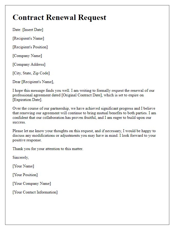 Letter template of contract renewal request for a professional agreement.