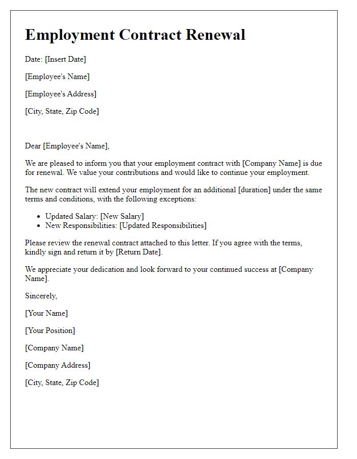 Letter template of renewal of employment contract for an employee.