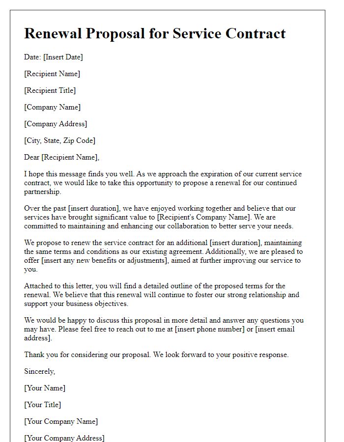 Letter template of renewal proposal for a service contract.